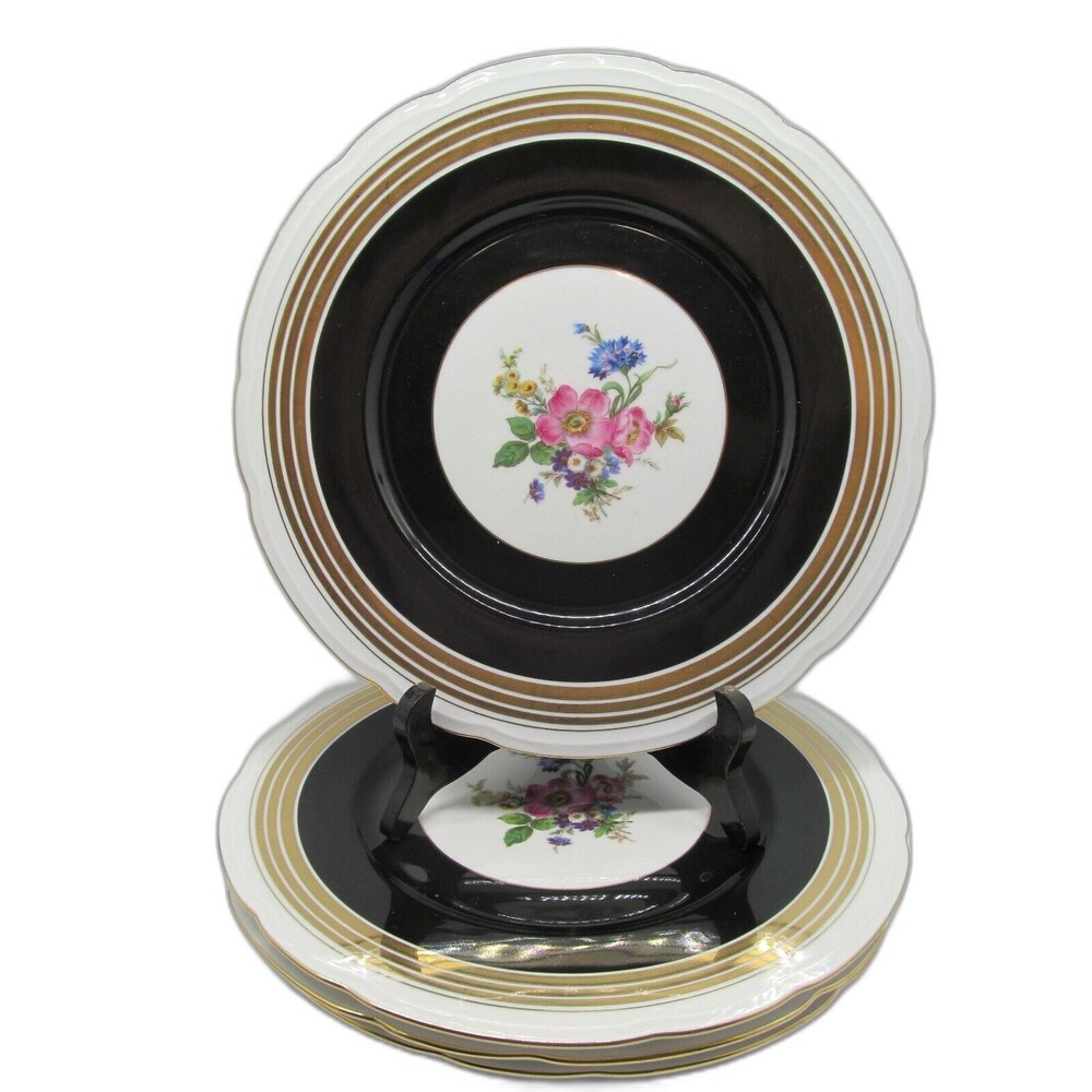 F&B BARONET china FLORAL center Black Band pattern Dinner Plates Bundle of 4